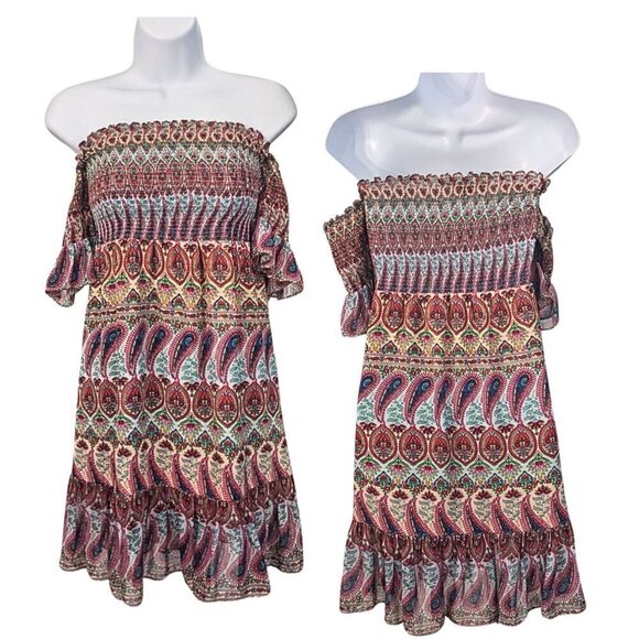 Atina Cristina Dresses & Skirts - ATINA CRISTINA Boho Off Shoulder Paisley Lined Flounce Mini Sundress Size S